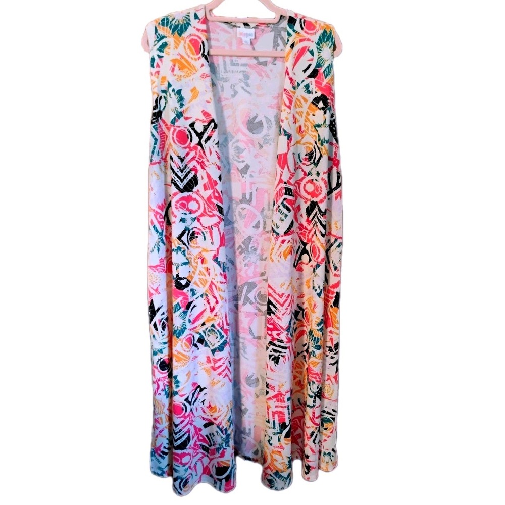 LuLaRoe‎ Joy Duster Vest Large L Pink Orange Abstract Floral Longline Layering